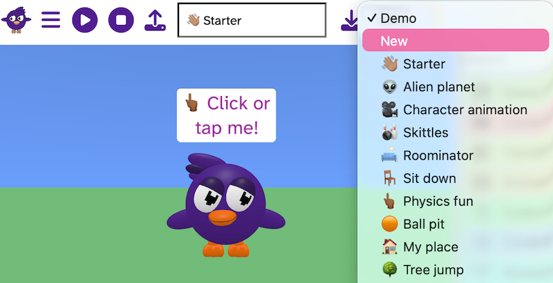 The Flock XR interface with the Demo drop-down menu expanded from the top menu bar. The first project is 'New' and this is highlighted. Below it are example projects such as 'Snow Globe', 'Forest Base' and 'Cube Art'