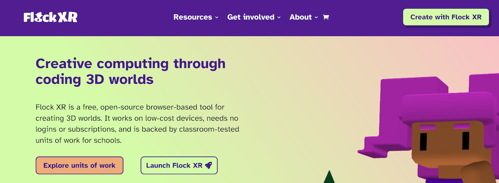 A web browser showing flockxr.com in the address bar and to the top-right a button titled 'Create with Flock XR'