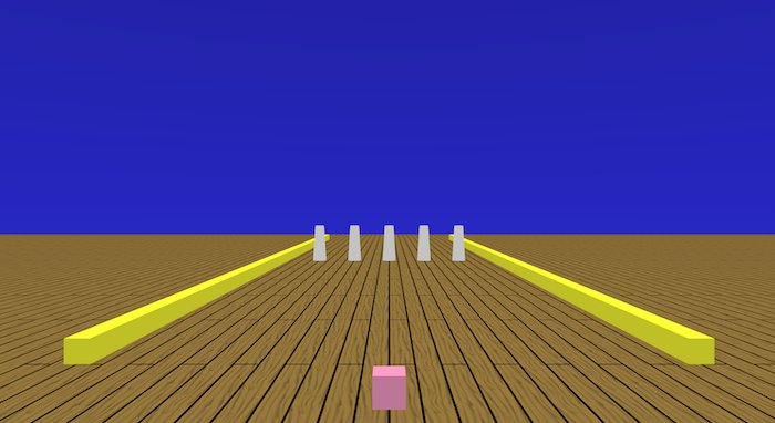 There is a wooden floor with two hotizontal long boxes representing the sides of a bowling alley. In the distance are 5 cone shaped pins and at the front of the scene is a cube that represents the ball.