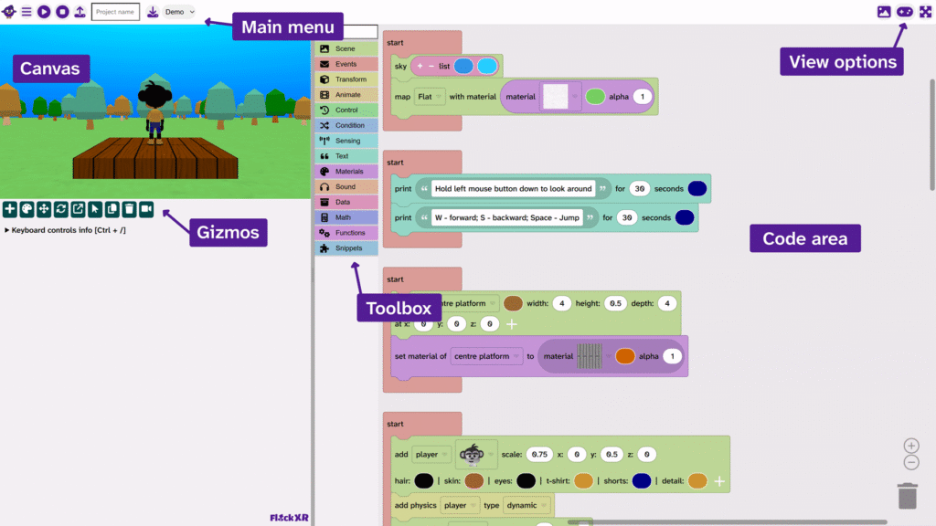 Labeled areas of the interface. The main menu is on the top left. The canvas is under the main menu. The gizmos are under the canvas. The view options are in the top right. The code area is on the right side. The toolbox is in the centre.