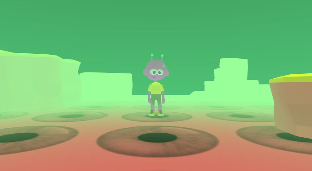 An alien is stood in the centre with rocks to the side and behind them. There is a foggy haze over the background rocks.