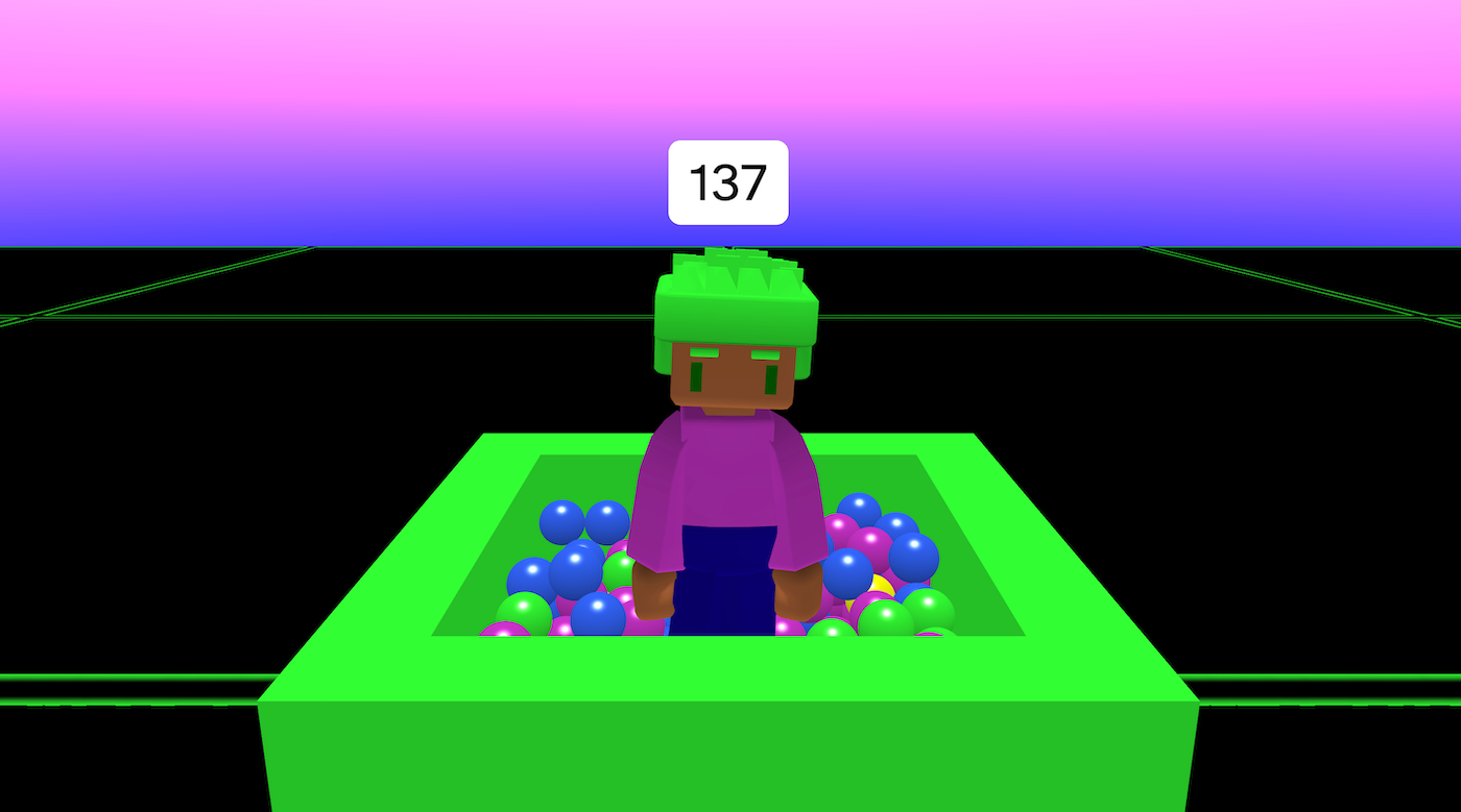 A character is standing inside an open top cube. There are different coloured balls. Text says 137 which is the number of balls in the pit.