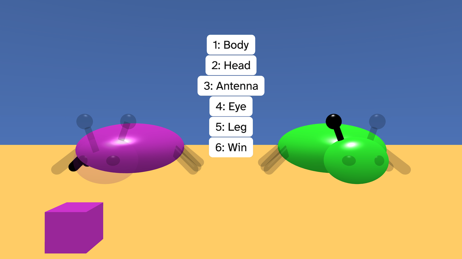 Two beetles are shown. Some of their parts are semi-transparent. There is a cube dice the same colour as one of the beetles. Text on screen has a scoring system.