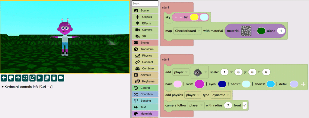 The physics and camera blocks are added to the player.