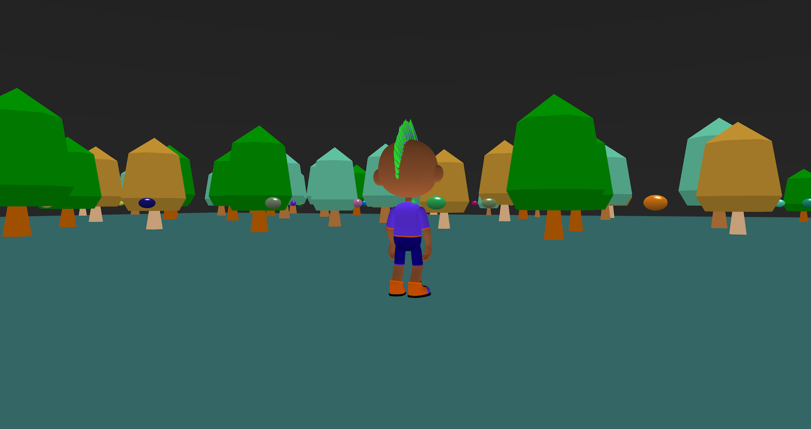 A character is standing in front of a forest of trees. Between the trees are gems of different colours. The sky is black.