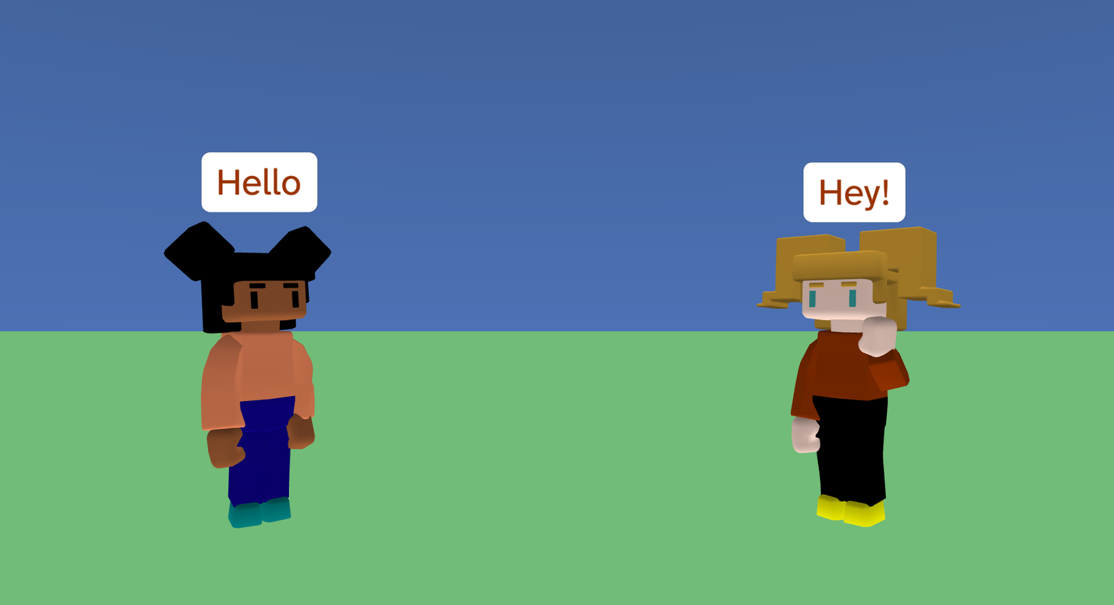 Two characters are rotated towards each other. Both have large, colourful text above their heads.