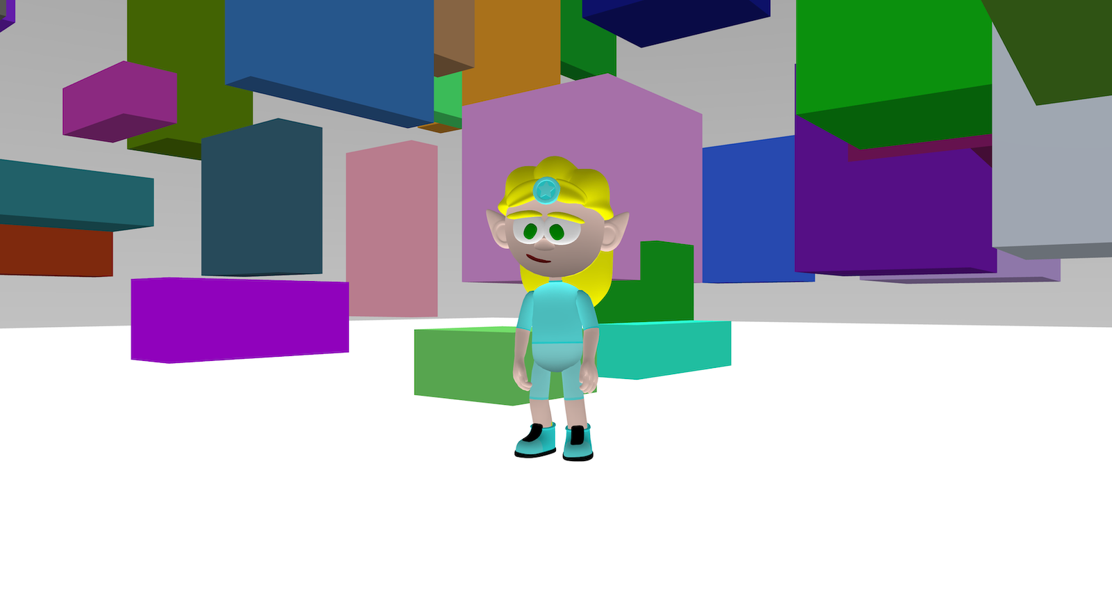 The elf character is standing in front of a large assortment of coloured cubes.
