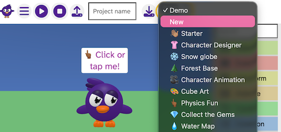 The Flock XR interface with the Demo drop-down menu expanded from the top menu bar. The first project is 'New' and this is highlighted. Below it are example projects such as 'Snow Globe', 'Forest Base' and 'Cube Art'