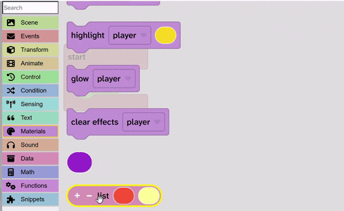 A list of colours block is dragged inside a sky block.
