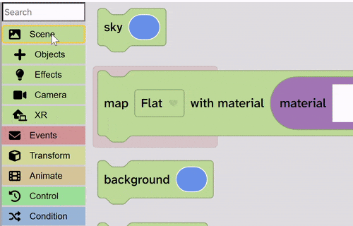 A sky block is dragged inside a start block.