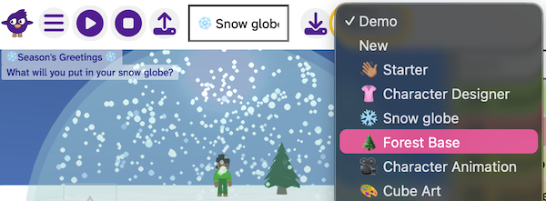 The Flock XR interface with the Demo drop-down menu expanded from the top menu bar. The example project 'Forest Base' is highlighted. Other example projects listed include 'Snow Globe', 'Character Animation' and 'Cube Art'