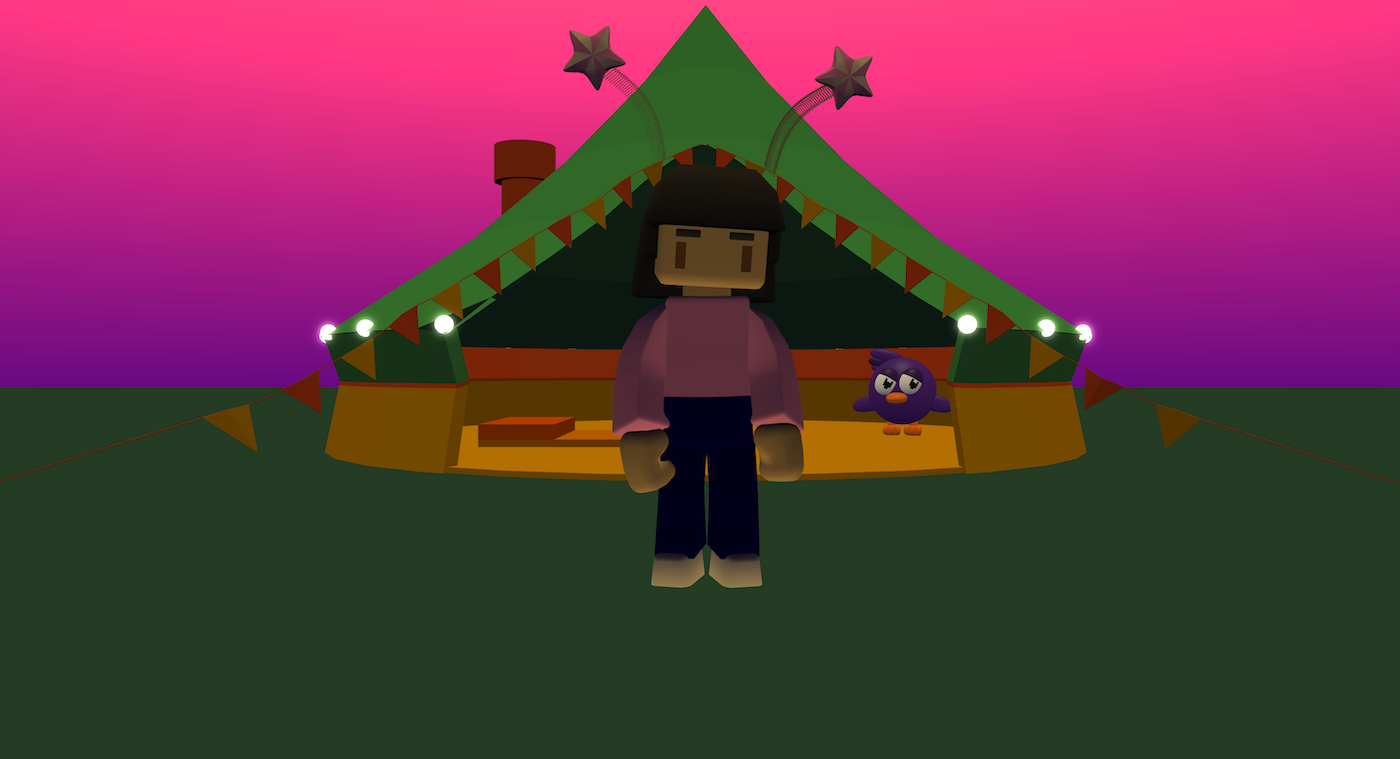 A character is standing in from of a tent. The lighting is low and the sky shows sunset colours. There are glowing fairylights.
