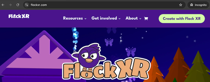 A web browser showing flockxr.com in the address bar and to the top-right a button titled 'Create with Flock XR'