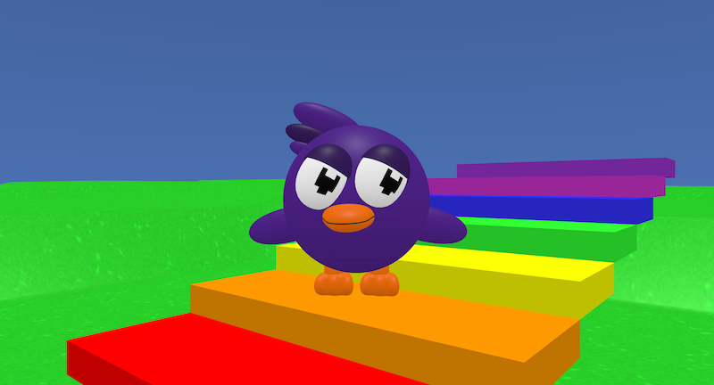 The Flock purple bird mascot on a set of rainbow coloured steps. Each step is a different colour.