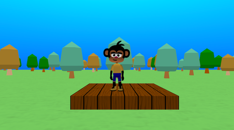 The Flock XR canvas with a monkey in idle pose and in the background a forest of trees. There is also a brown platform at the centre