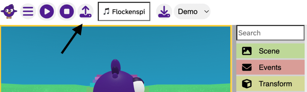 The top menu bar in the Flock XR interface is shown with a black arrow pointing to a purple upload icon. The icon is a horizontal rectangle at the bottom with an arrow pointing up from it.