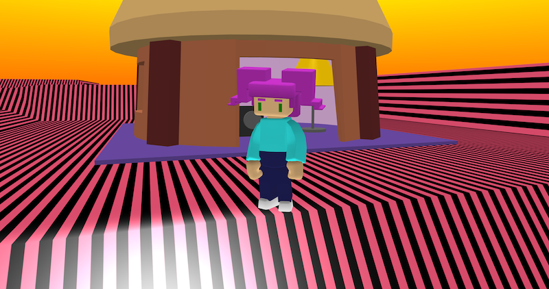A character is stood in front of a hut that has furniture in it.