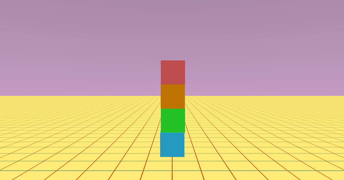 A stack of 4 cubes is in the centre of the screen. There is a yellow grid flat ground.