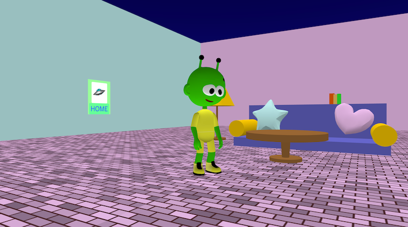 A character is stood in a room with a sofa, cushions, table, bookshelf, and poster made from 3d shapes and objects.