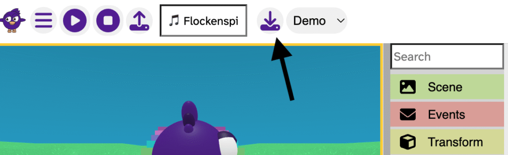 The top menu bar in the Flock XR interface is shown with a black arrow pointing to a purple download icon. The icon is a horizontal rectangle at the bottom with an arrow pointing down to it.