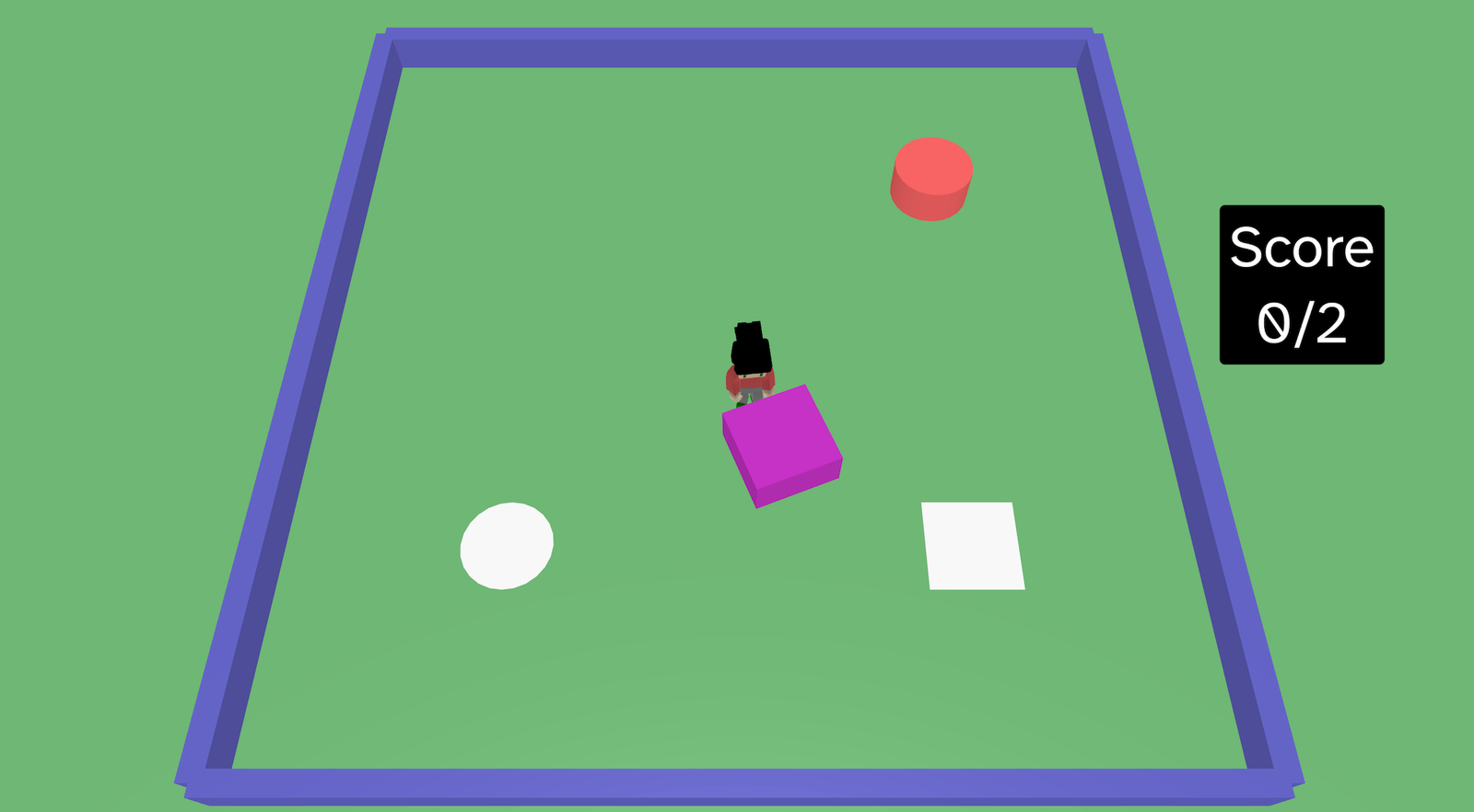 The camera is looking down on an arena with a character, 2 3D shapes and 2 grey outlines of the shapes. There is score text on the screen.
