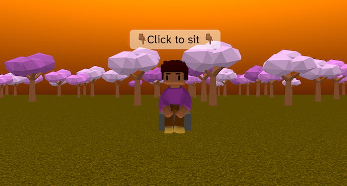 A character is sitting on a box in a forest. The text says 'click to sit'