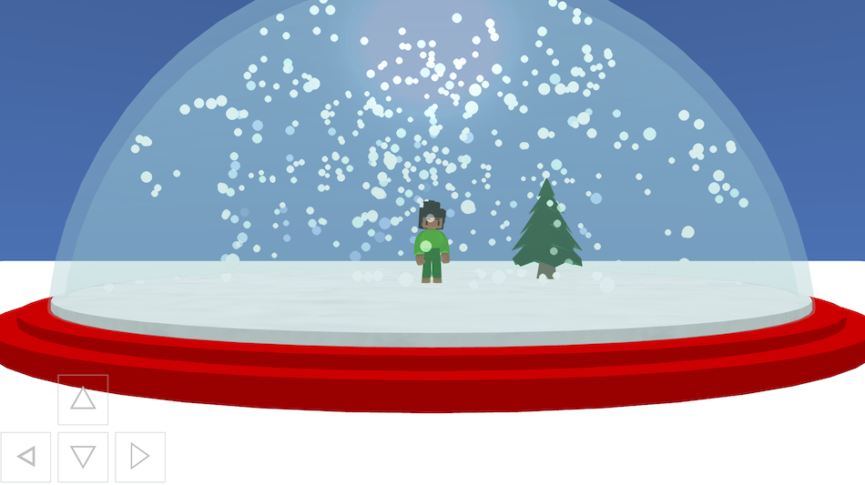 THe Flock XR canvas with a largely transparent dome that has a snowball particle effect inside it. Inside the dome is a character and a pine tree. 