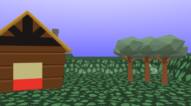 Three trees are on the right of the scene.