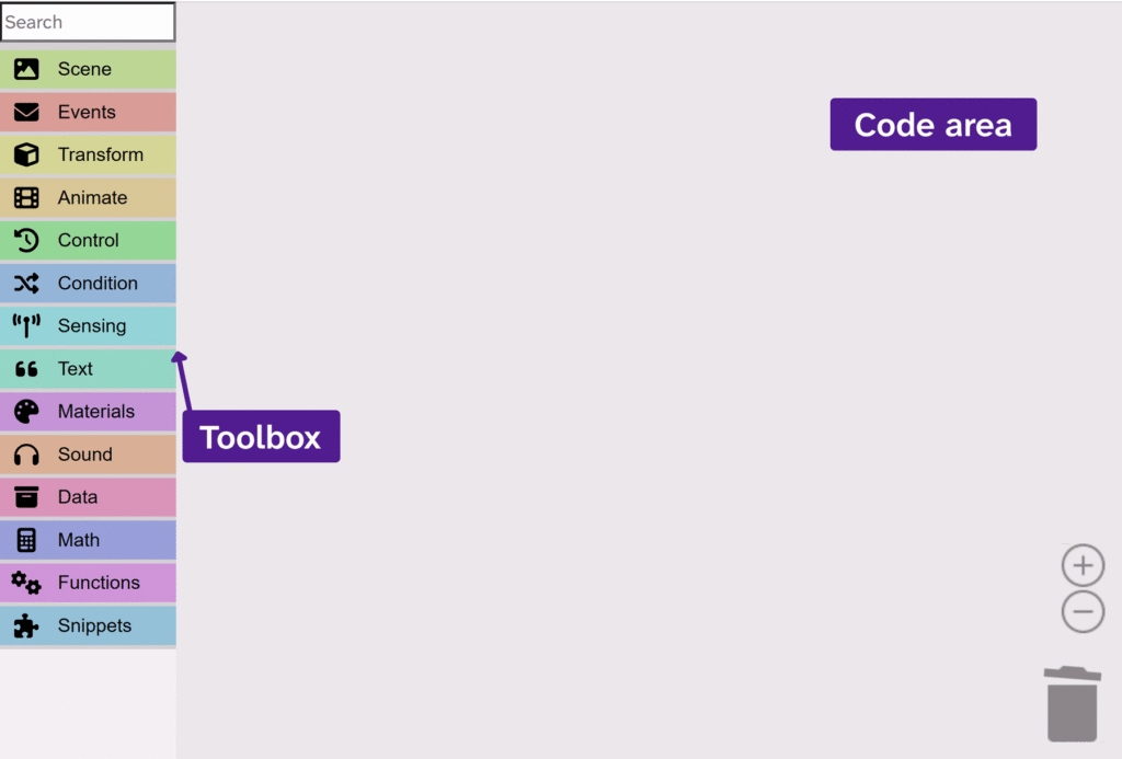 A screenshot showing the toolbox on the left and the code area on the right.