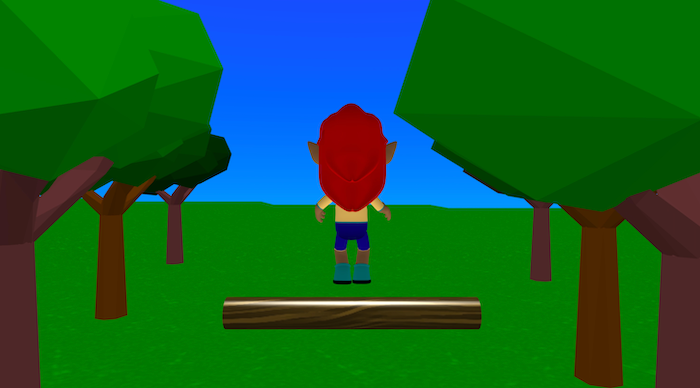 The Flock XR canvas with a forest scene. An elf character is jumping in the air over a log that is rolling from the back of the ground to the foreground. 