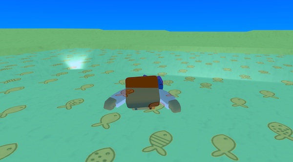 A character has a swim animation and is in a semi transparent blue box with a fish material. 