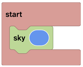 The sky block is shown inside a start block. The colour in the sky block is blue.