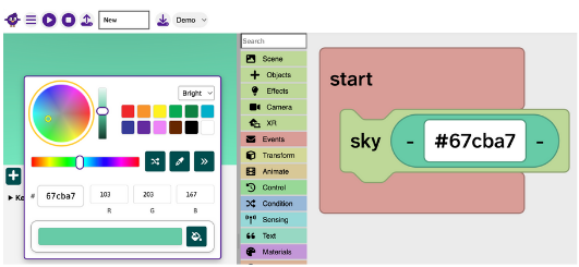 The sky block is shown inside a start block. The colour has been replaced by a hex block that has a hex colour value typed in it. The Flock XR colour picker is open showing the hex code and colour wheel.