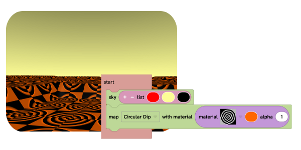 The sky block is shown inside a start block. The colour in the sky block is a list of 3 colours. There is also a map block inside the start block. It has a circular dip map, a patterned material and is a orange colour.  
