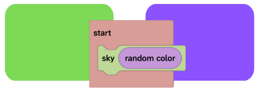 The sky block is shown inside a start block. The colour has been replaced by a random color block two skys are shown one green and the other purple.