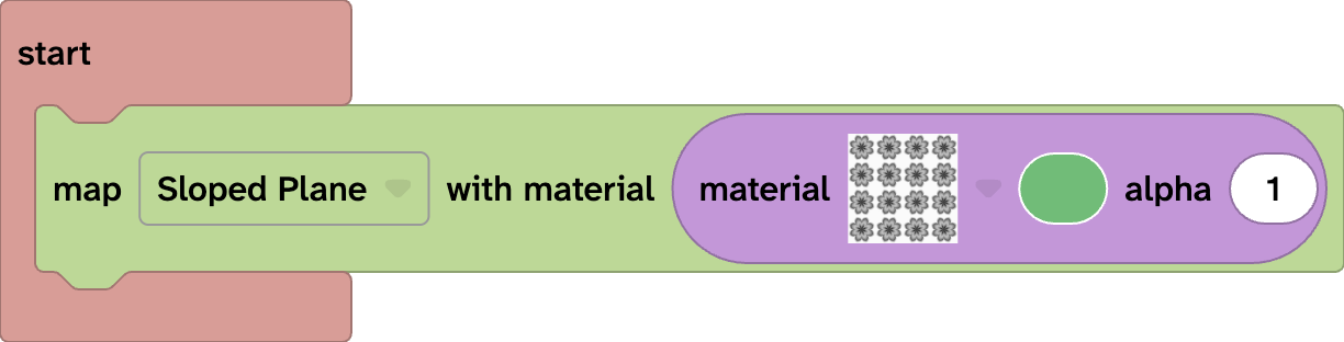 The Map block shown within a Start block. It is set to show a Sloped plane green terrain with flower texture.