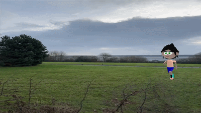 A camera view showing a field with a Flock character running from right to left