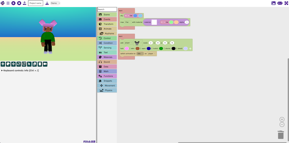 The Flock XR editor with a project that has two stacks of code in the code editor. The trash can is closed.