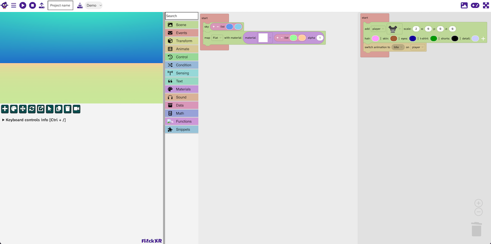 The Flock XR editor with a project that has one stack of code in the code editor. The trash can is open with a pane on the right showing one stack of code in the trash can.