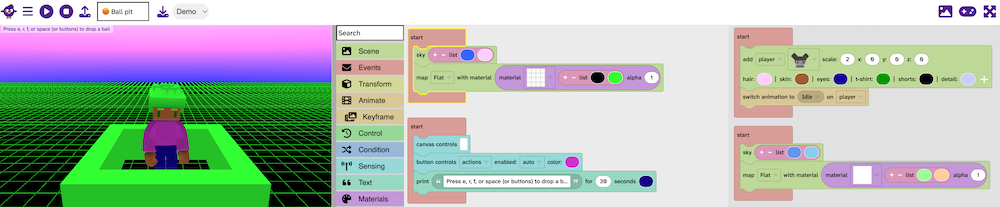 The Flock XR editor showing the Ball pit demo project. The trash can is open and has two stacks of code in it that relate to a previous project.