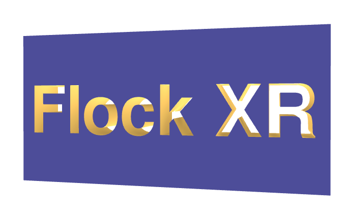 A blue 3D box with the 3D text "Flock XR" cut out of it so you can see through from one side to the other.