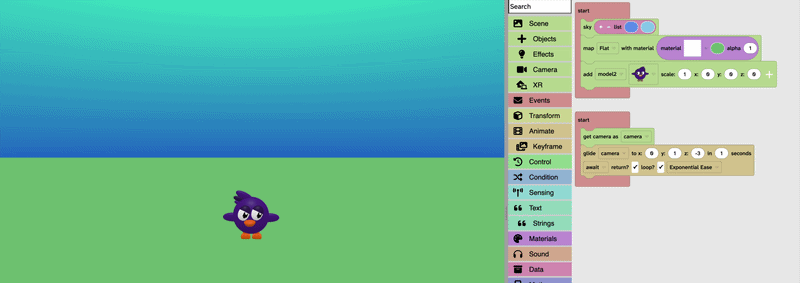 A Gif of the Flock XR canvas with the camera zooming in and out towards and away from a bird. 
