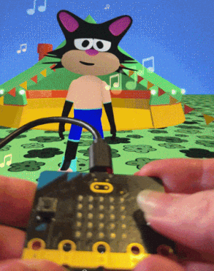A gif showing someone holding a microbit. When they press button A on the micro:bit the scene in Flock XR is daytime, when they press button B it turns to night. 