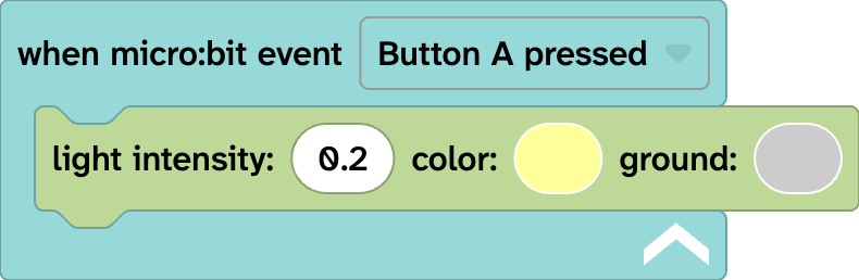 Flock XR code. A when micro:bit event Button A pressed c-shaped block. Inside is a light intensity 0.2 colour yellow ground grey block.