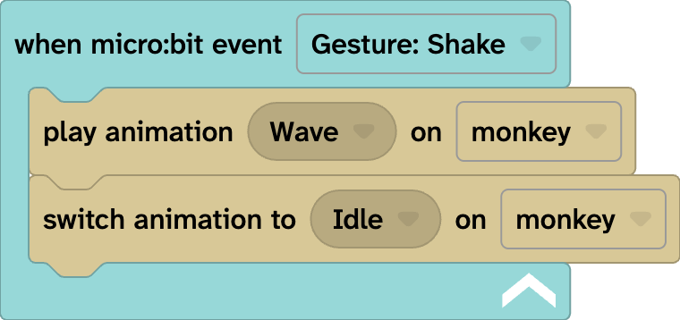 Flock XR code. A when micro:bit event Gesture:shake c-shaped block. Inside is a play animation wave on monkey block followed by a switch animation to Idle on monkey block.  