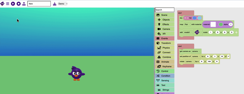 A Gif of the Flock XR canvas with the camera moving instantly from in front of the bird to behind the bird.