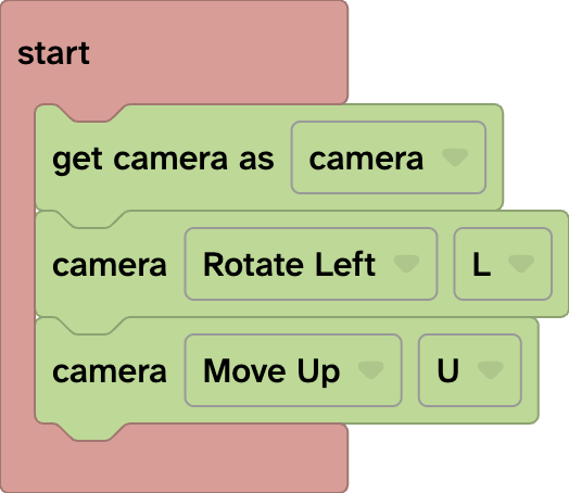 Flock XR code with the start c-shaped block then inside it get camera as camera block followed by camera Rotate Left L and then camera Move Up U block. 