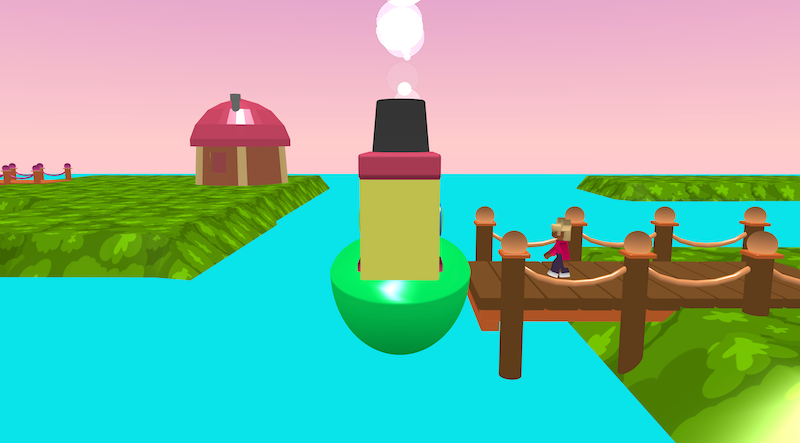 A Flock XR scene with a boat in the centre. A character is walking along the jetty to the boat. In the distance are islands, one has a house on it. 