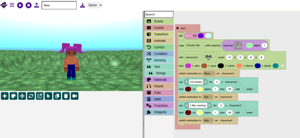 A start block contains a sky, map, character, switch animation and say block to create an animation sequence.