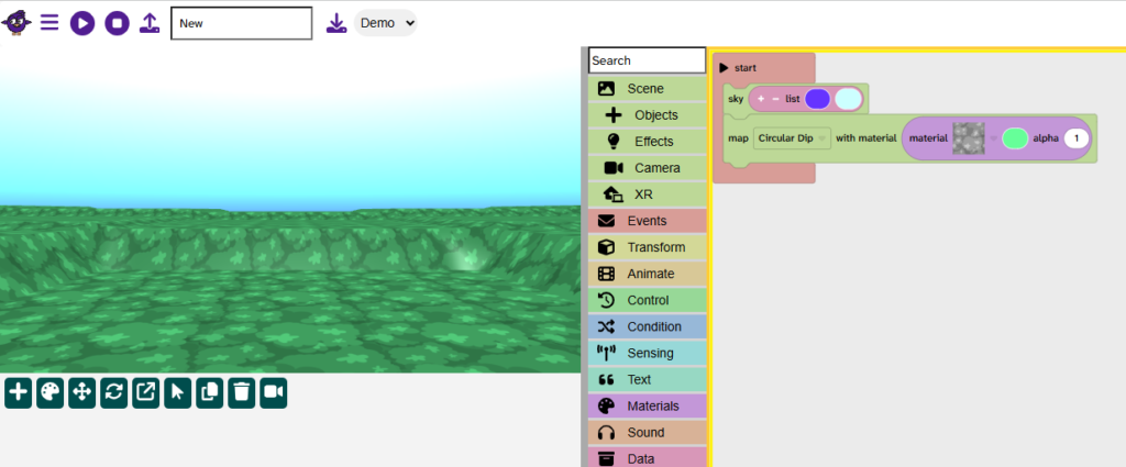 The start block has a sky with a list of materials and a map block. This has created a scene with a sky and map in the canvas.